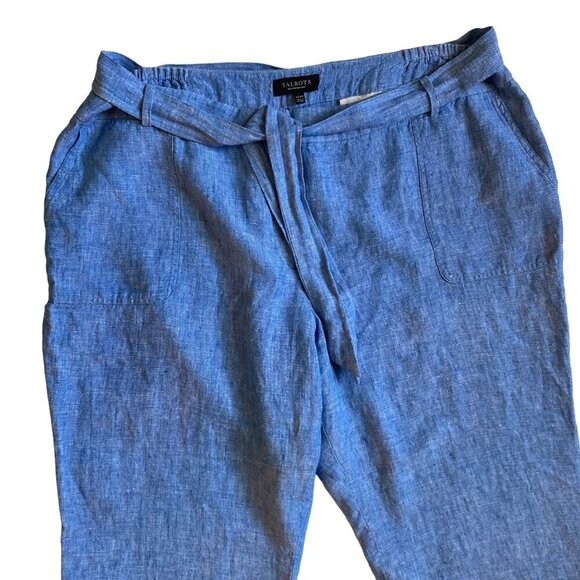 Talbots Blue Linen Pants Petites 22WP Pockets Tie Belt Coastal Nantucket Capsule - Picture 2 of 7